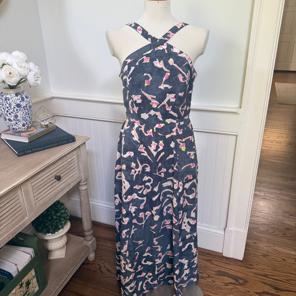 Cabi Halter Maxi Dress Gray Pink Abstract Floral Smocked Back Womens Size 4